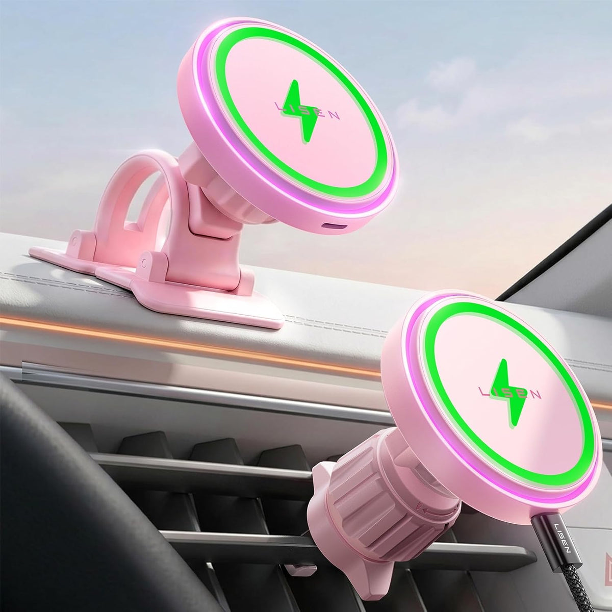 15W MagSafe Car Mount Charger Phone 18,[Light Pink] Magnetic Wireless Car Charger, Dashboard & Air Vent Car Phone Holder Mount for iPhone 17-12, Samsung, Pixel, Cute Car Accessories for Women