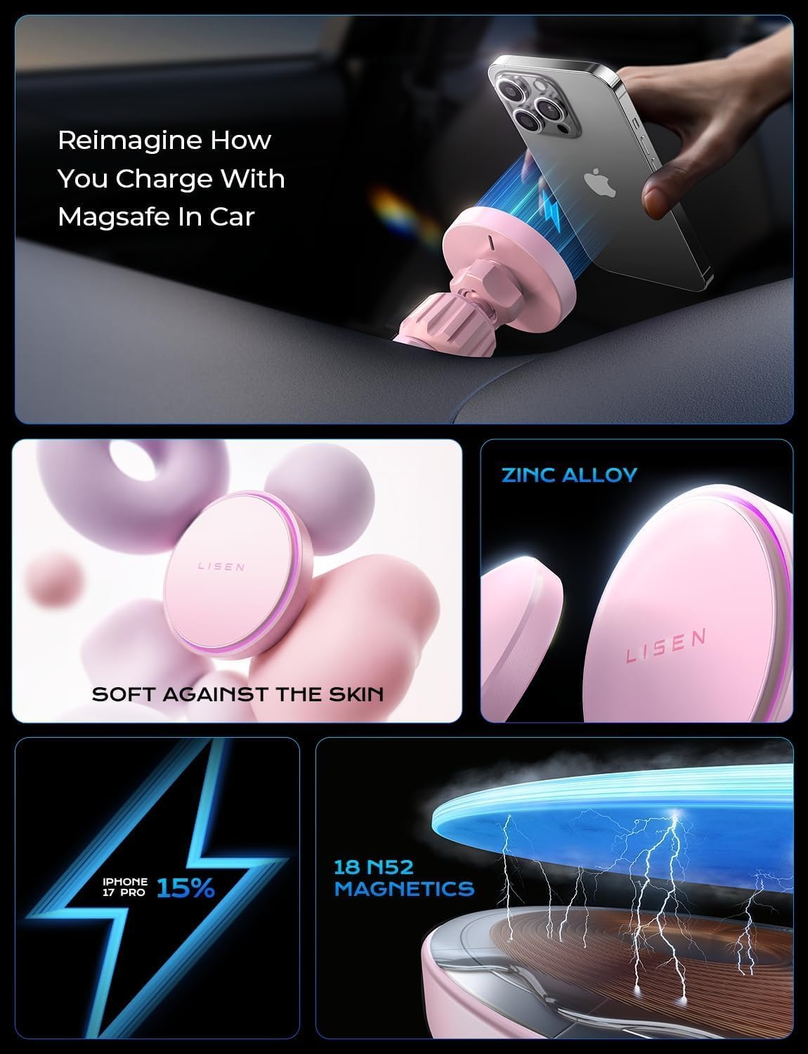15W MagSafe Car Mount Charger Phone 18,[Light Pink] Magnetic Wireless Car Charger, Dashboard & Air Vent Car Phone Holder Mount for iPhone 17-12, Samsung, Pixel, Cute Car Accessories for Women