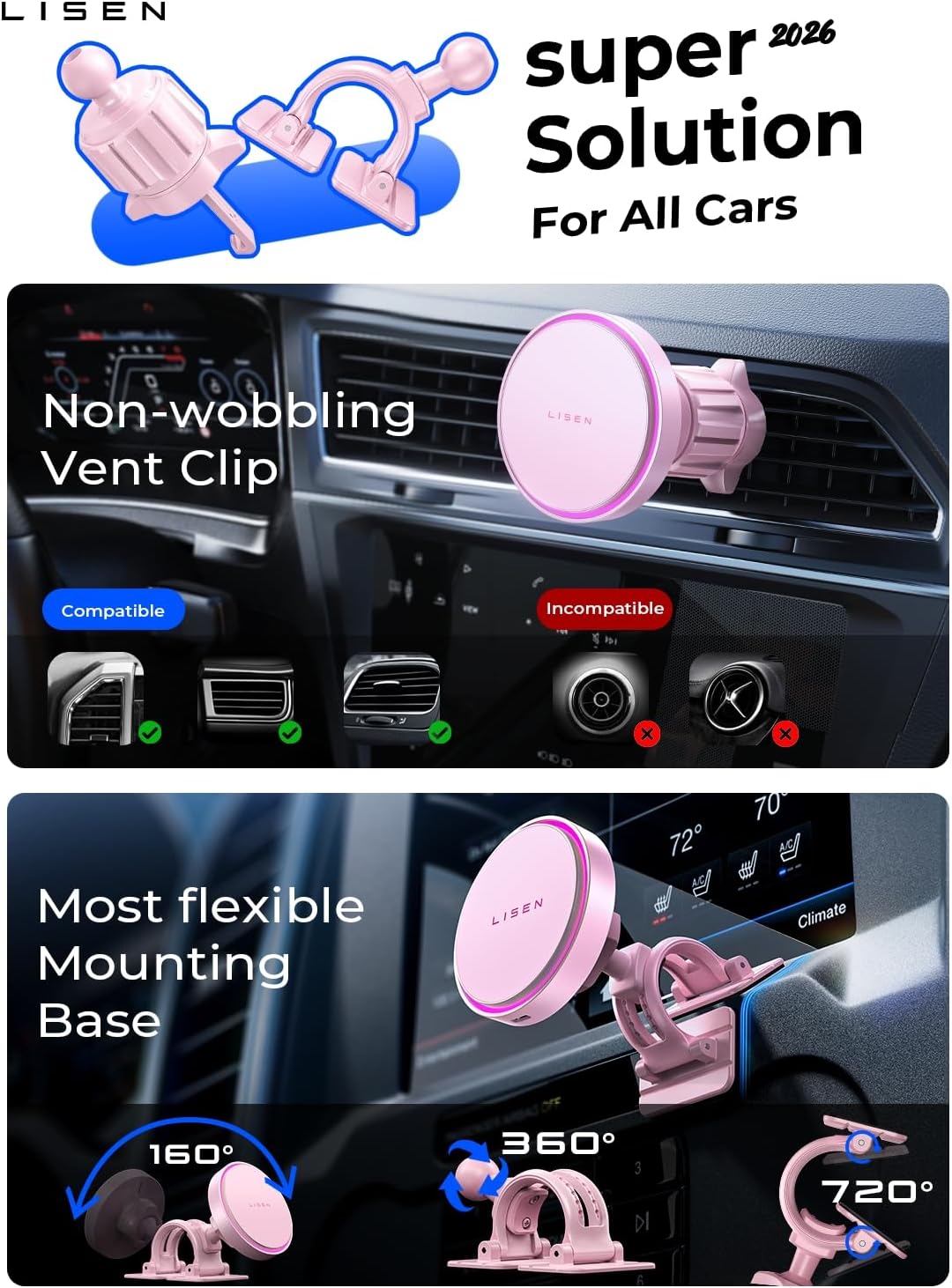 15W MagSafe Car Mount Charger Phone 18,[Light Pink] Magnetic Wireless Car Charger, Dashboard & Air Vent Car Phone Holder Mount for iPhone 17-12, Samsung, Pixel, Cute Car Accessories for Women