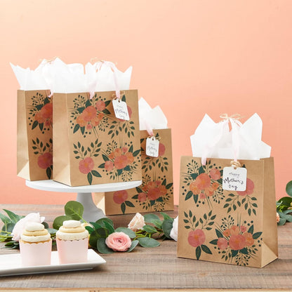 Floral Gift Bags - Reinforced Bottom & Ribbon Handles - Party Favor Bags - 8 x 4 x 9 in, Pack of 24, Pink