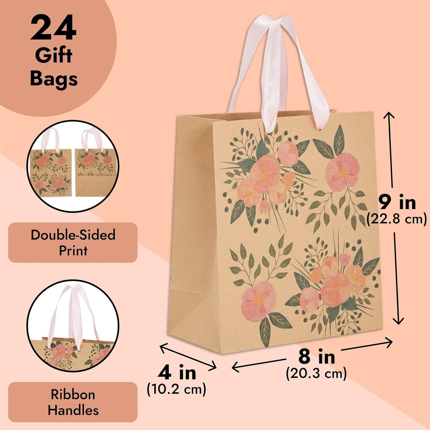 Floral Gift Bags - Reinforced Bottom & Ribbon Handles - Party Favor Bags - 8 x 4 x 9 in, Pack of 24, Pink