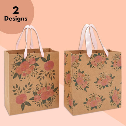 Floral Gift Bags - Reinforced Bottom & Ribbon Handles - Party Favor Bags - 8 x 4 x 9 in, Pack of 24, Pink