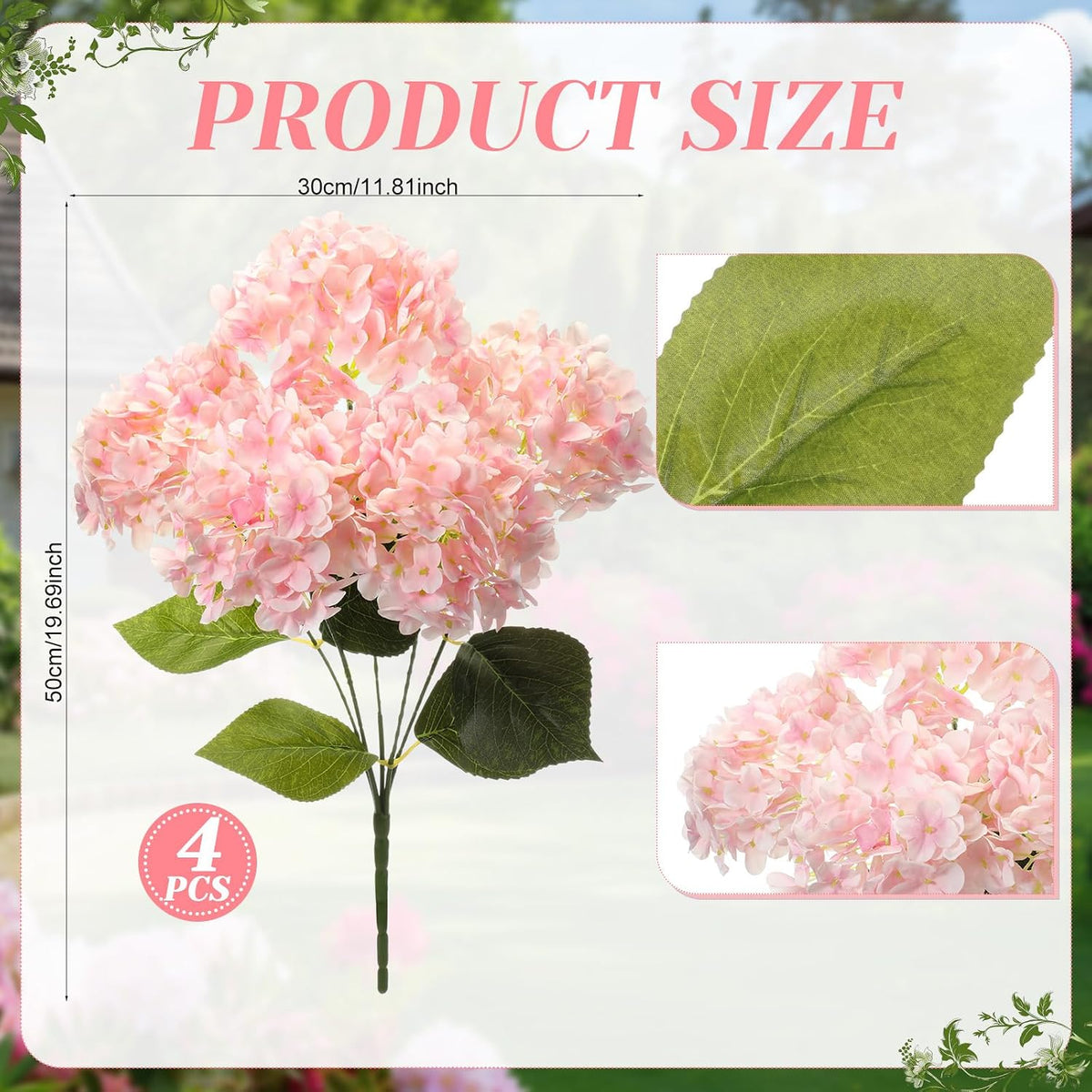 Hydrangea Artificial Flower Bush for Outdoor 19.6inch Large Silk Hydrangea 5 Heads Realistic UV Resistant Fake Flower for Porch Bouquet Window Box Wedding Indoor(4 Pcs,Pink)