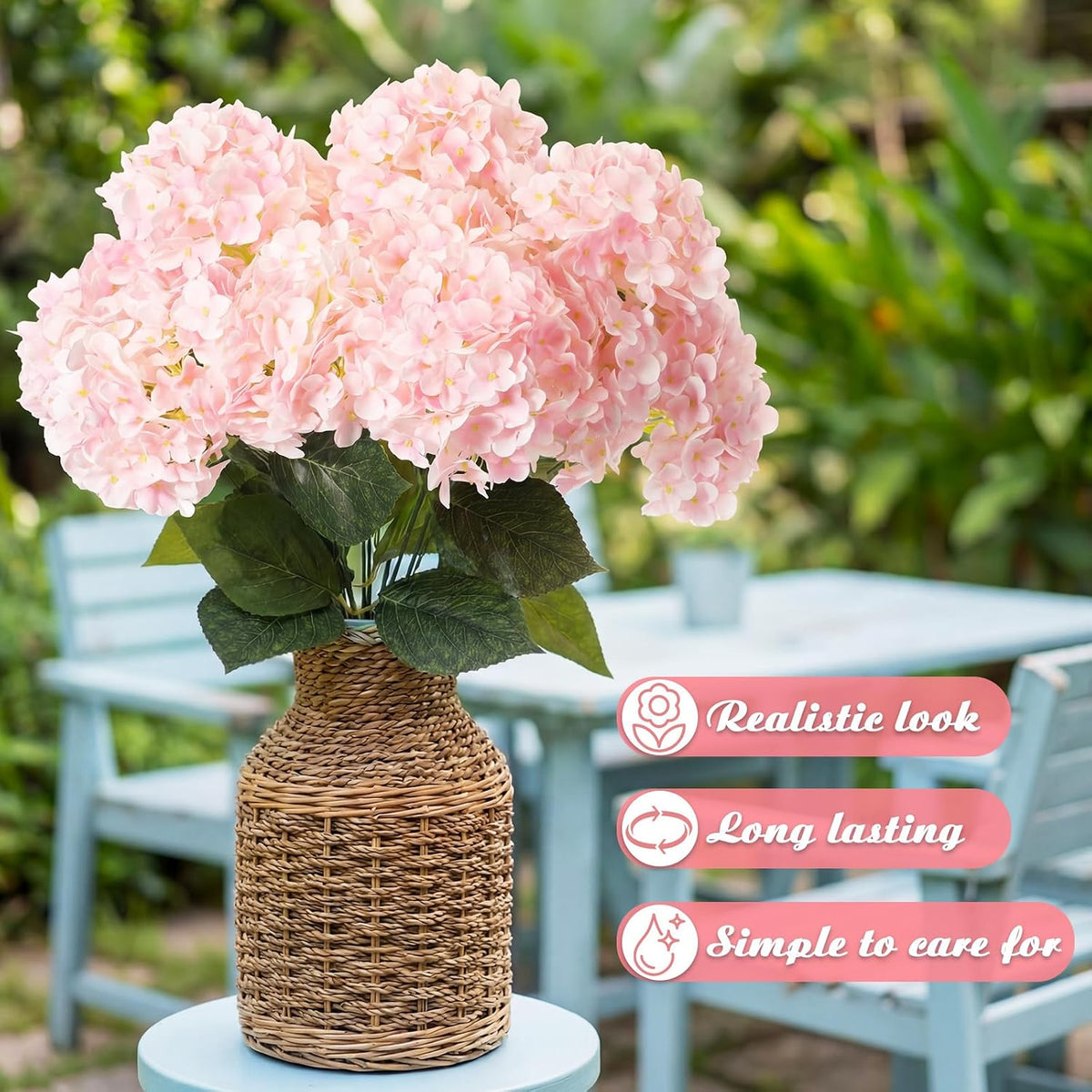 Hydrangea Artificial Flower Bush for Outdoor 19.6inch Large Silk Hydrangea 5 Heads Realistic UV Resistant Fake Flower for Porch Bouquet Window Box Wedding Indoor(4 Pcs,Pink)