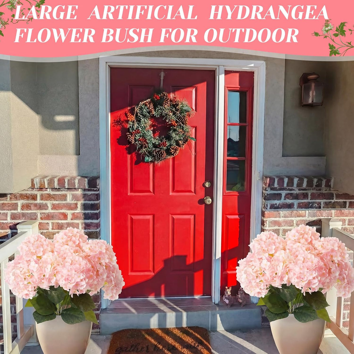 Hydrangea Artificial Flower Bush for Outdoor 19.6inch Large Silk Hydrangea 5 Heads Realistic UV Resistant Fake Flower for Porch Bouquet Window Box Wedding Indoor(4 Pcs,Pink)