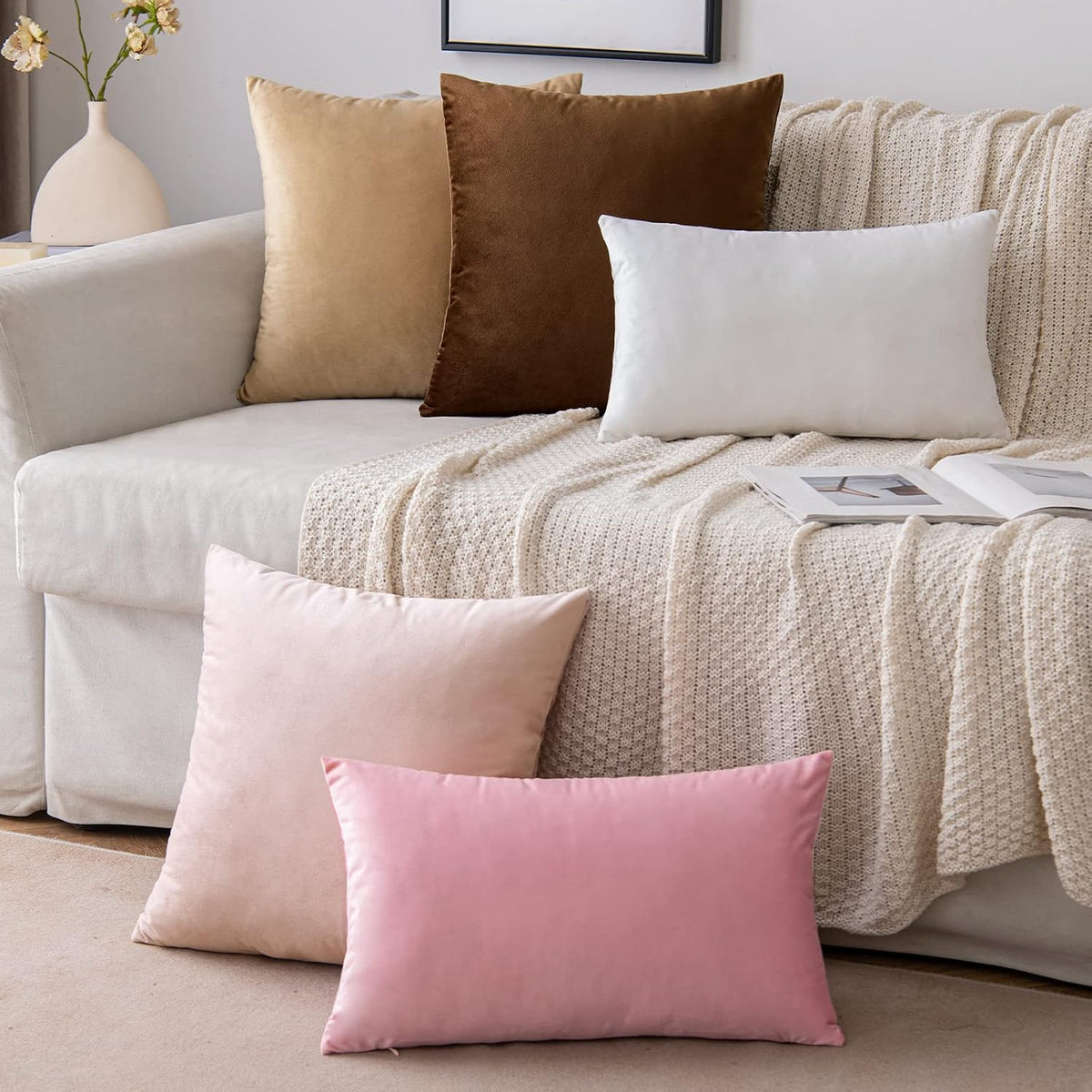 Pack of 2 Velvet Throw Pillow Covers Decorative Square Pillowcase Soft Solid Cushion Case for Sofa Bedroom Chair Car 18x18 Inch Pink
