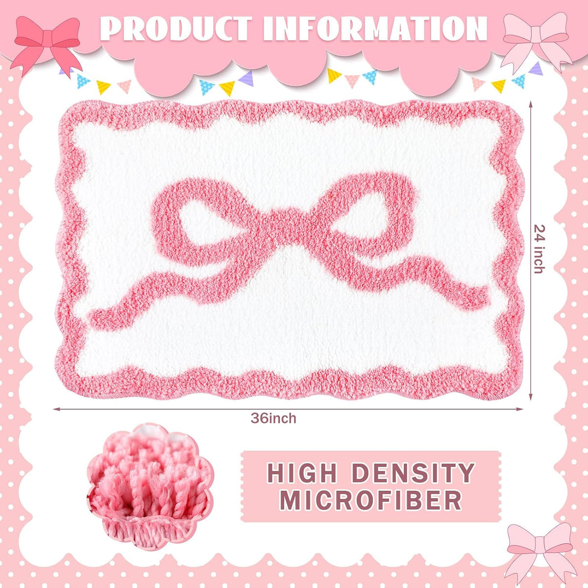 Pink Bow Bathroom Rug 36" x 24" Scalloped Bow Bath Mat