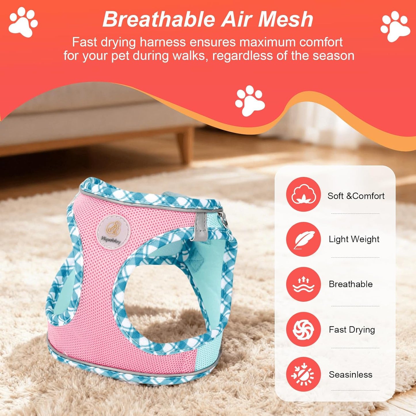 Dog Harness Small Sized and Leash Set, No Pull Soft Mesh Puppy Vest, Reflective Breathable Lightweight Pet Harness, Harness for Small Medium Dogs and Cats - Pink Green, XS