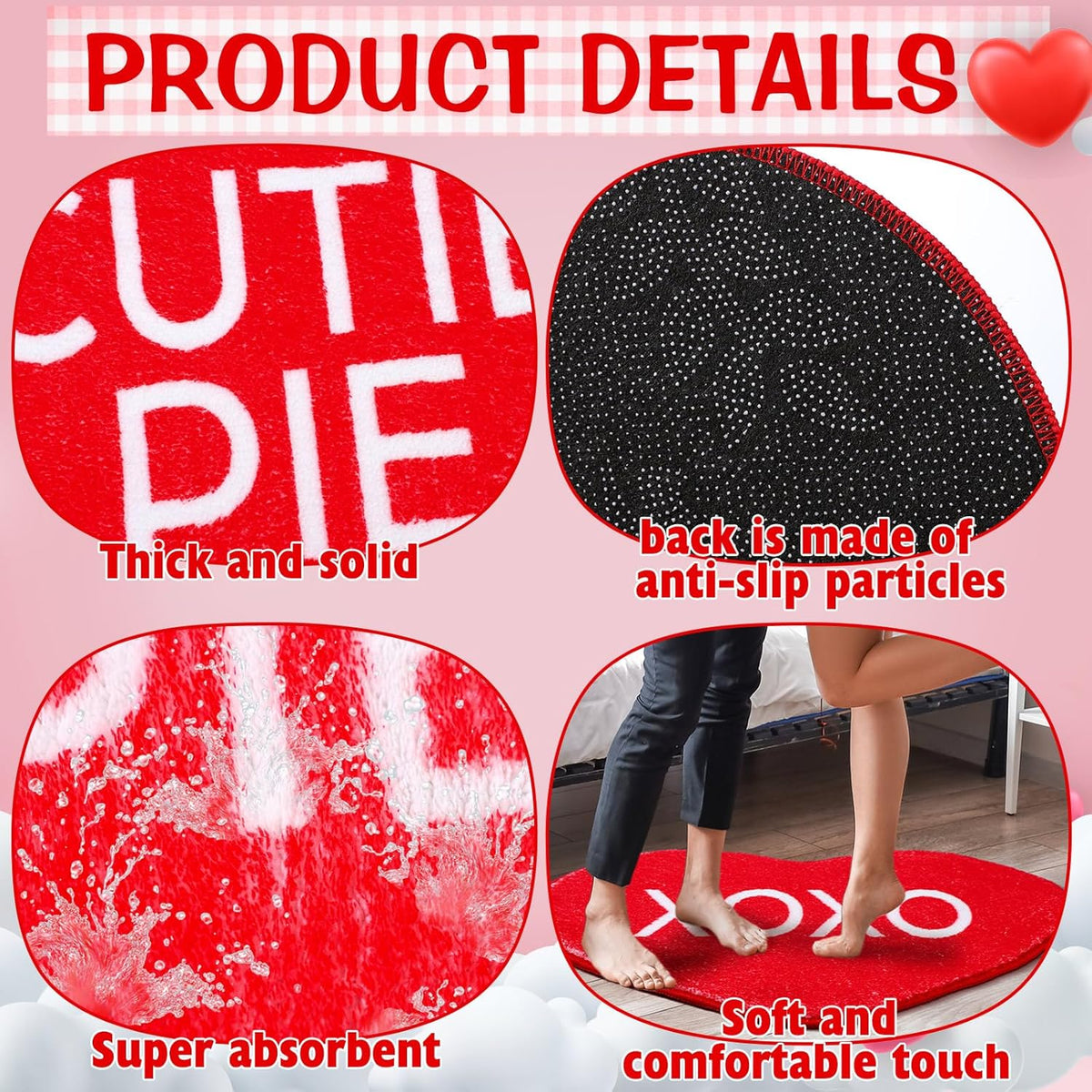 6 Pcs Valentine's Day Heart Rug Valentines Day Bathroom Decor Non Slip Heart Shaped Bath Rugs Red Pink White Mat Doormat for Bathroom Kitchen Living Room Home