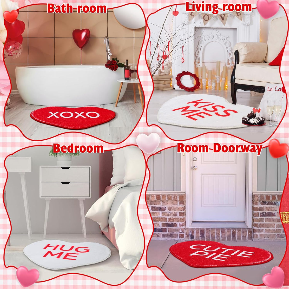 6 Pcs Valentine's Day Heart Rug Valentines Day Bathroom Decor Non Slip Heart Shaped Bath Rugs Red Pink White Mat Doormat for Bathroom Kitchen Living Room Home