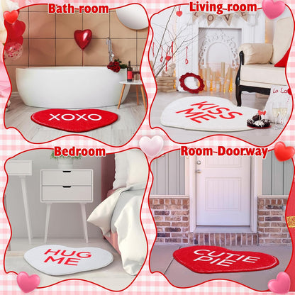 6 Pcs Valentine's Day Heart Rug Valentines Day Bathroom Decor Non Slip Heart Shaped Bath Rugs Red Pink White Mat Doormat for Bathroom Kitchen Living Room Home