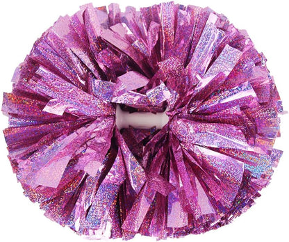 2PCS Metallic Holographic Cheerleader Pom Poms with Baton Handle Professional Cheerleading Pom Poms for Sports Team Spirit Party Daily Training