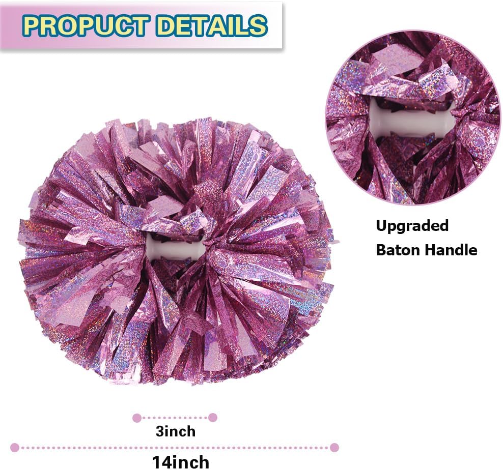 2PCS Metallic Holographic Cheerleader Pom Poms with Baton Handle Professional Cheerleading Pom Poms for Sports Team Spirit Party Daily Training