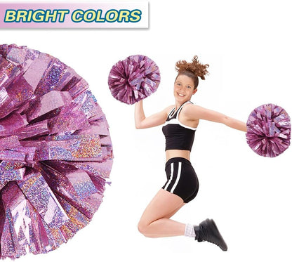 2PCS Metallic Holographic Cheerleader Pom Poms with Baton Handle Professional Cheerleading Pom Poms for Sports Team Spirit Party Daily Training