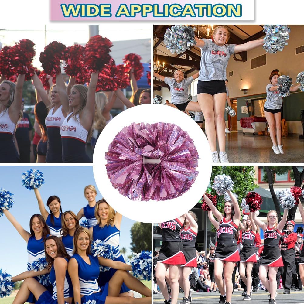 2PCS Metallic Holographic Cheerleader Pom Poms with Baton Handle Professional Cheerleading Pom Poms for Sports Team Spirit Party Daily Training