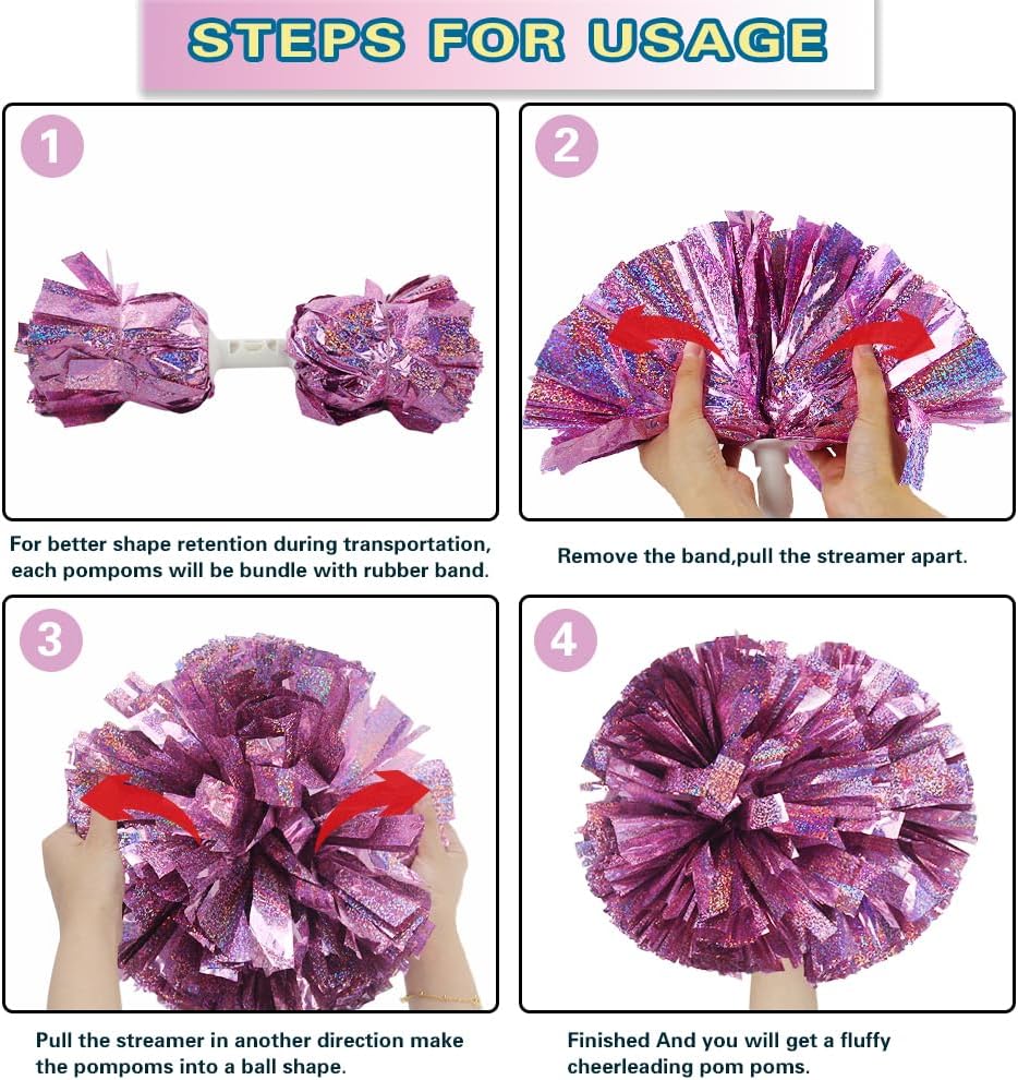 2PCS Metallic Holographic Cheerleader Pom Poms with Baton Handle Professional Cheerleading Pom Poms for Sports Team Spirit Party Daily Training