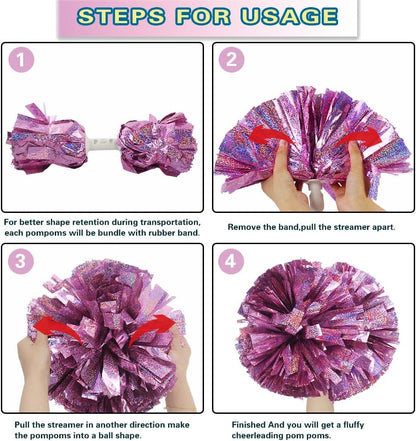 2PCS Metallic Holographic Cheerleader Pom Poms with Baton Handle Professional Cheerleading Pom Poms for Sports Team Spirit Party Daily Training