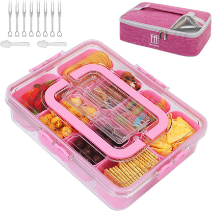 Snack Box Container, 8 Compartments, with Insulated Cooling Bag，Pink