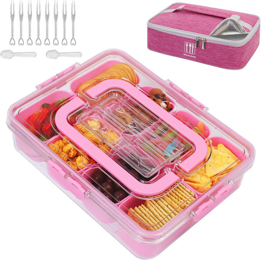 Snack Box Container, 8 Compartments, with Insulated Cooling Bag，Pink
