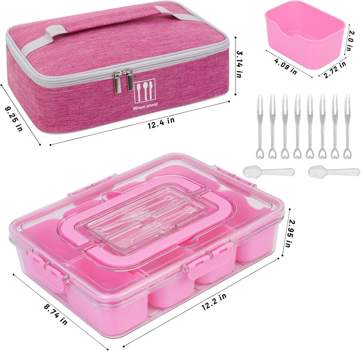 Snack Box Container, 8 Compartments, with Insulated Cooling Bag，Pink
