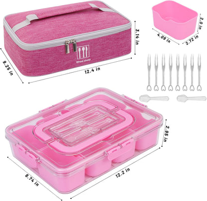 Snack Box Container, 8 Compartments, with Insulated Cooling Bag，Pink