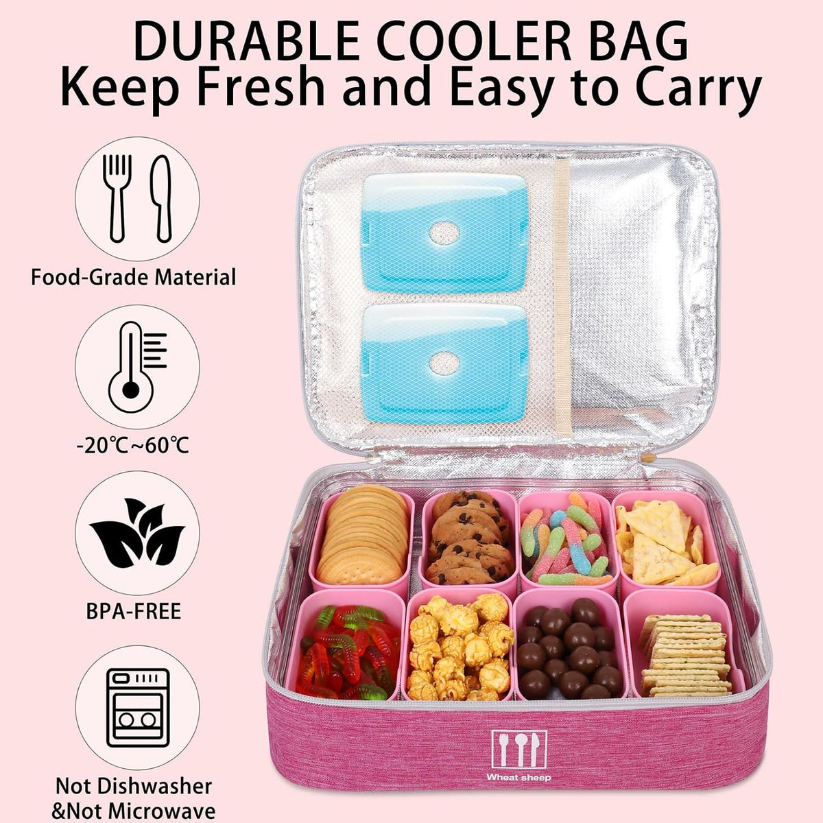 Snack Box Container, 8 Compartments, with Insulated Cooling Bag，Pink