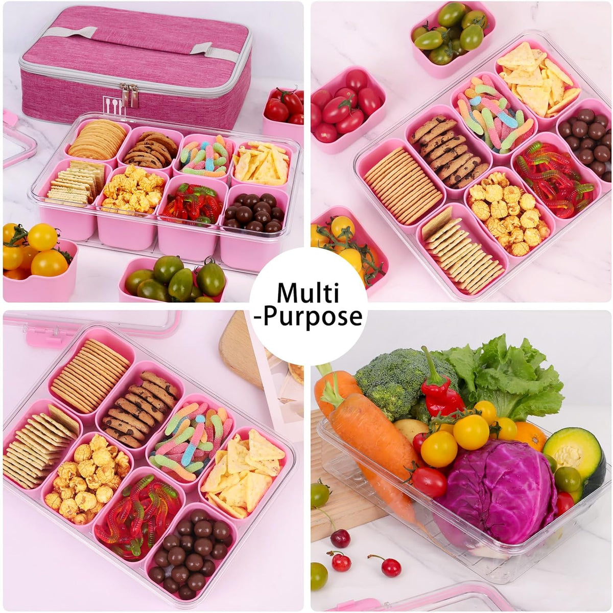 Snack Box Container, 8 Compartments, with Insulated Cooling Bag，Pink