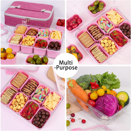 Snack Box Container, 8 Compartments, with Insulated Cooling Bag，Pink