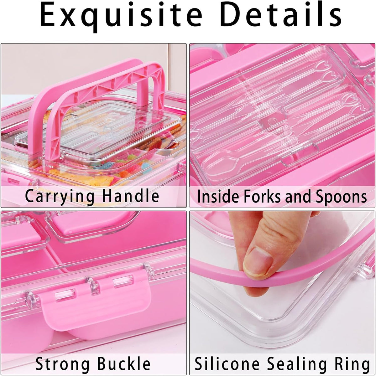 Snack Box Container, 8 Compartments, with Insulated Cooling Bag，Pink