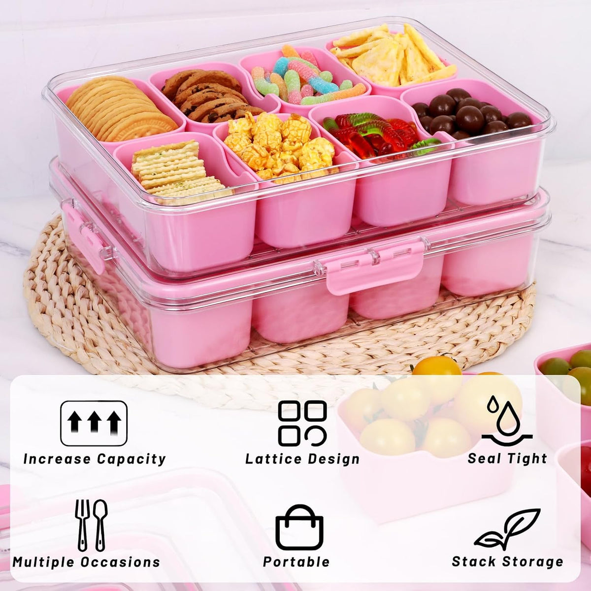 Snack Box Container, 8 Compartments, with Insulated Cooling Bag，Pink