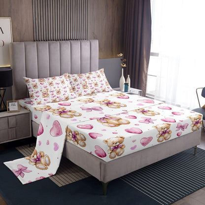 Cute Bear Bed Sheets Set Queen Size Bowknot Bed Set Heart Deep Pocket Fitted Sheet Kawaii Breathable Soft Lightweight Microfiber Peach Pink