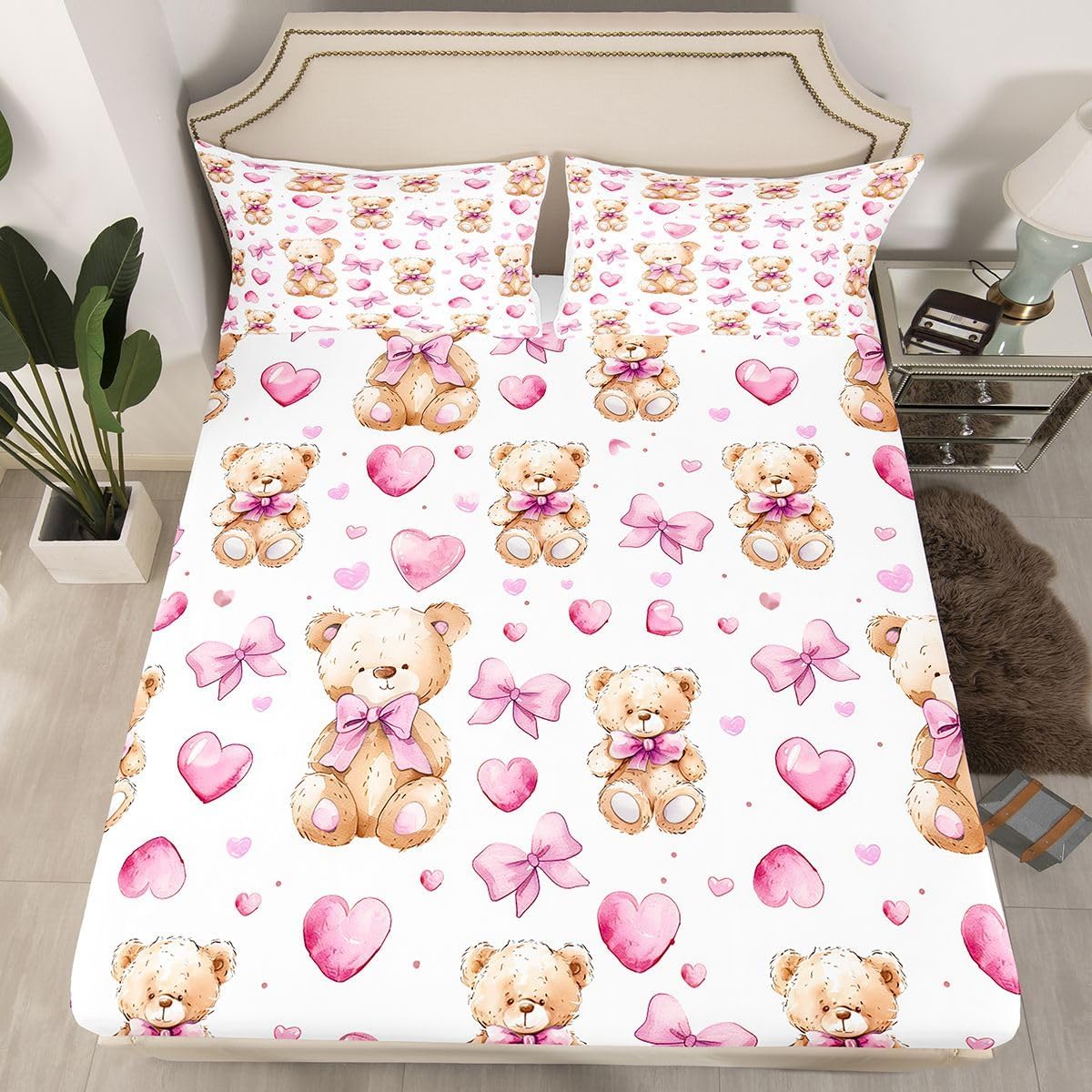 Cute Bear Bed Sheets Set Queen Size Bowknot Bed Set Heart Deep Pocket Fitted Sheet Kawaii Breathable Soft Lightweight Microfiber Peach Pink