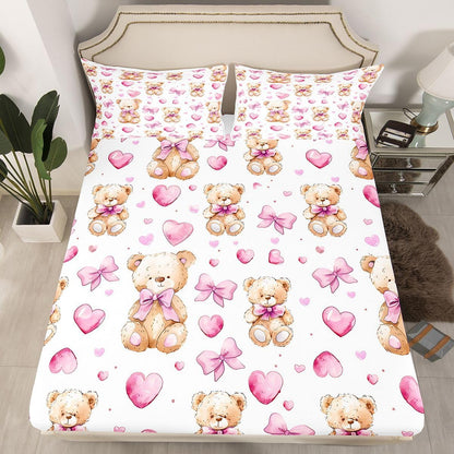 Cute Bear Bed Sheets Set Queen Size Bowknot Bed Set Heart Deep Pocket Fitted Sheet Kawaii Breathable Soft Lightweight Microfiber Peach Pink