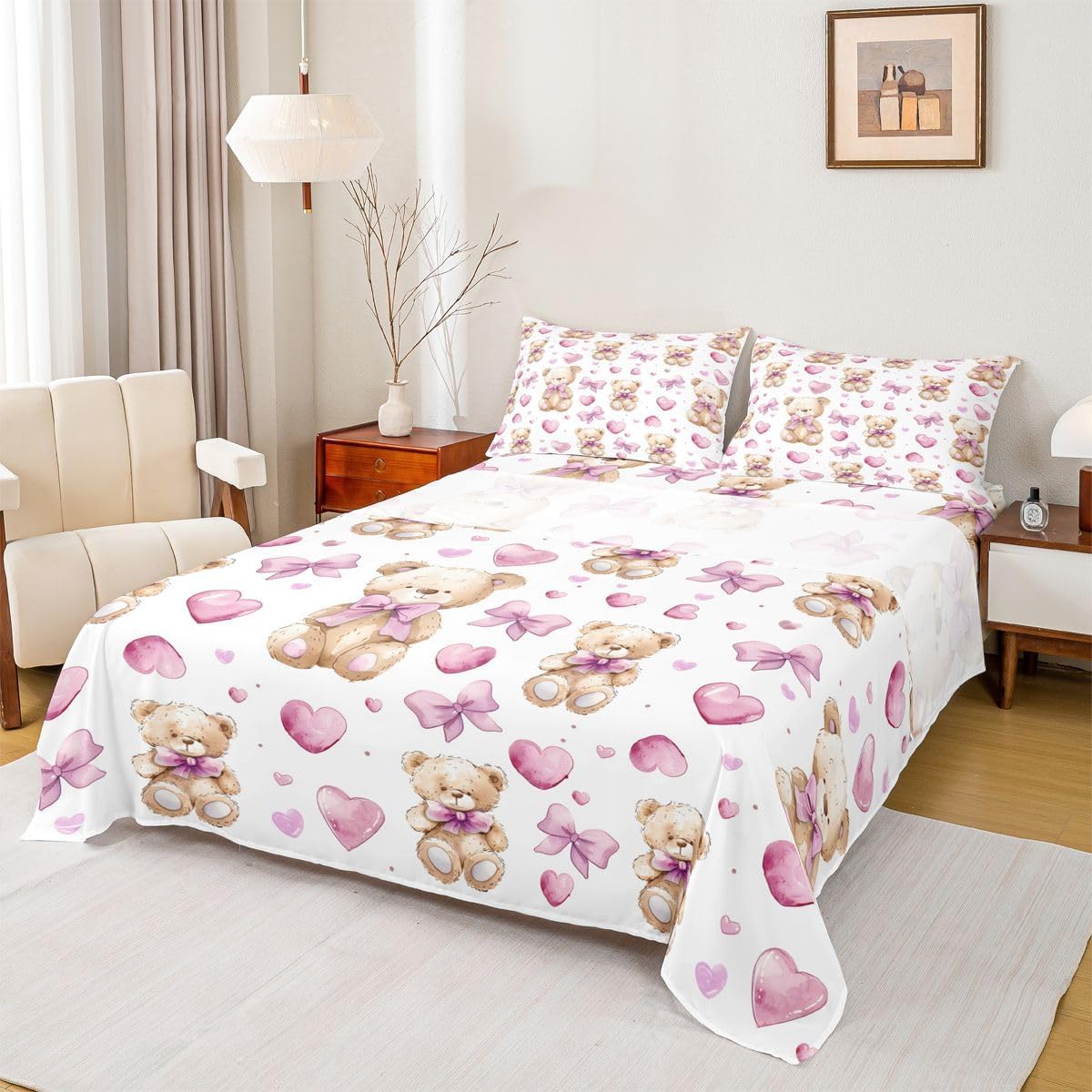 Cute Bear Bed Sheets Set Queen Size Bowknot Bed Set Heart Deep Pocket Fitted Sheet Kawaii Breathable Soft Lightweight Microfiber Peach Pink