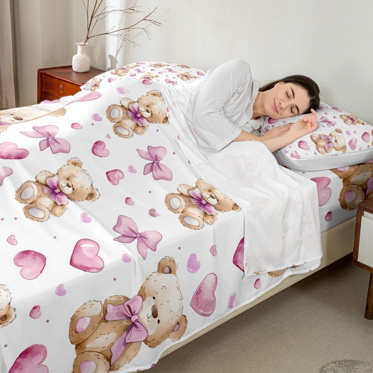 Cute Bear Bed Sheets Set Queen Size Bowknot Bed Set Heart Deep Pocket Fitted Sheet Kawaii Breathable Soft Lightweight Microfiber Peach Pink