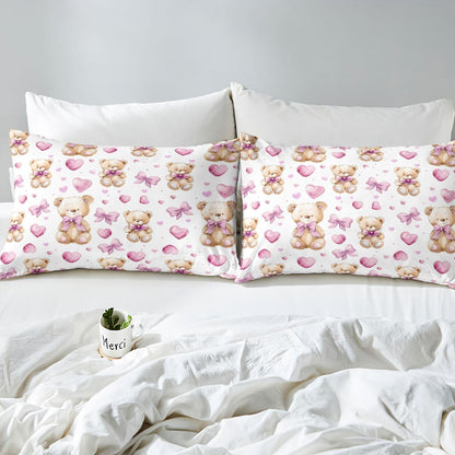 Cute Bear Bed Sheets Set Queen Size Bowknot Bed Set Heart Deep Pocket Fitted Sheet Kawaii Breathable Soft Lightweight Microfiber Peach Pink