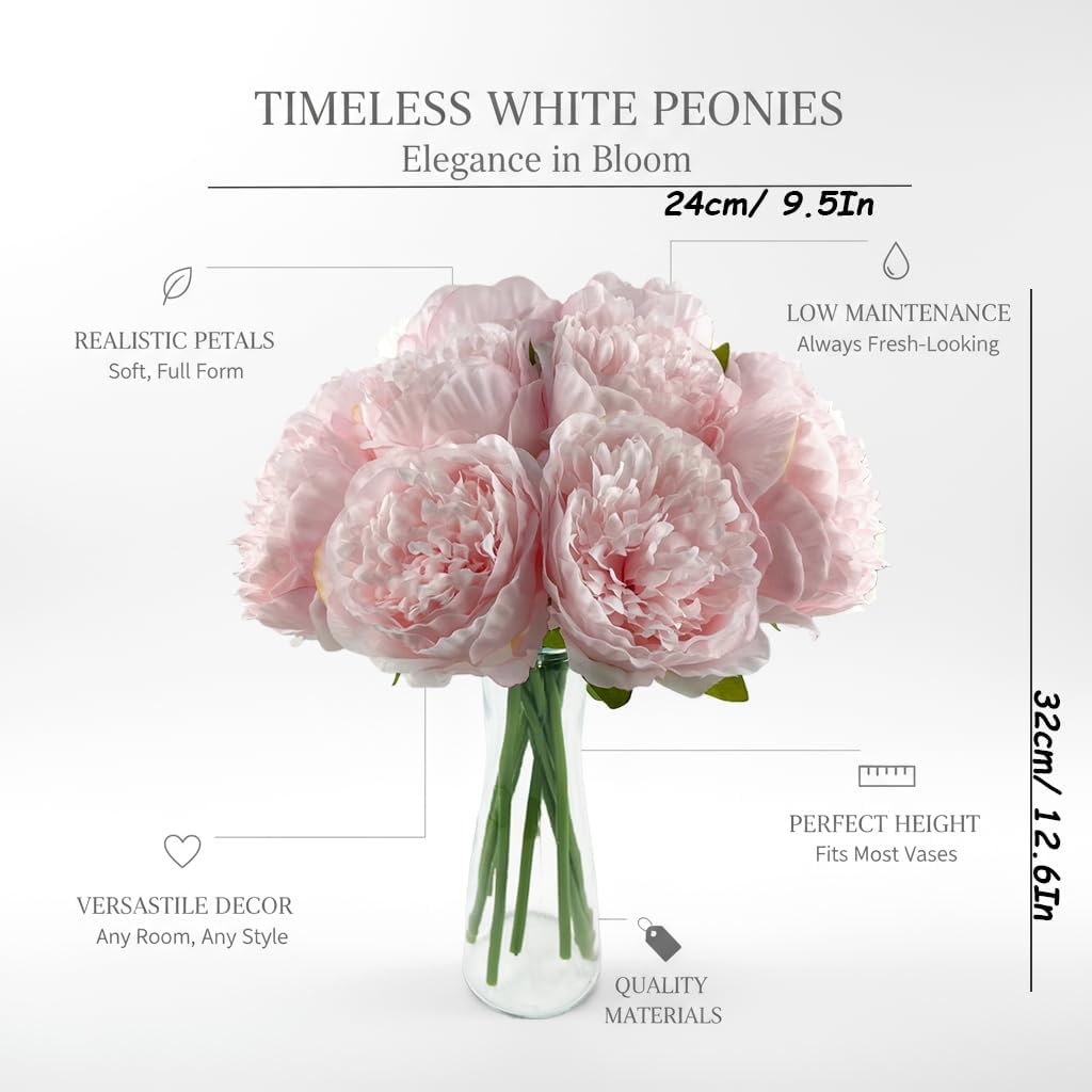 10pcs Artificial Peony Flowers Silk Peonies Realistic Flower Bouquet for Vase Decor Wedding Table Centerpieces Valentines Gifts (Pink)