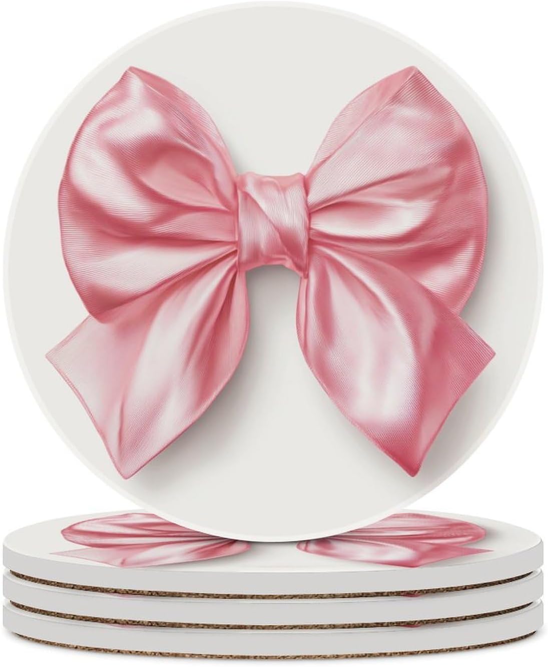 Elegant Pink Coquette Bow on White Coasters Set of 4 Absorbent Coasters