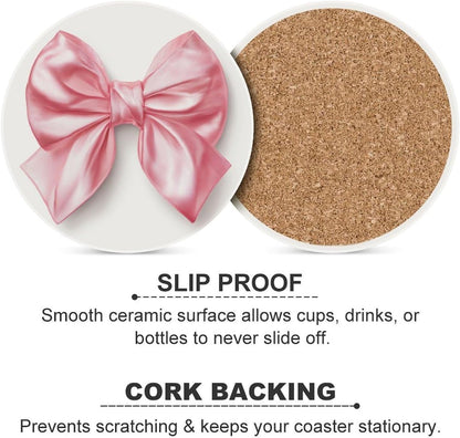 Elegant Pink Coquette Bow on White Coasters Set of 4 Absorbent Coasters