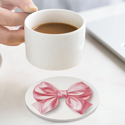 Elegant Pink Coquette Bow on White Coasters Set of 4 Absorbent Coasters