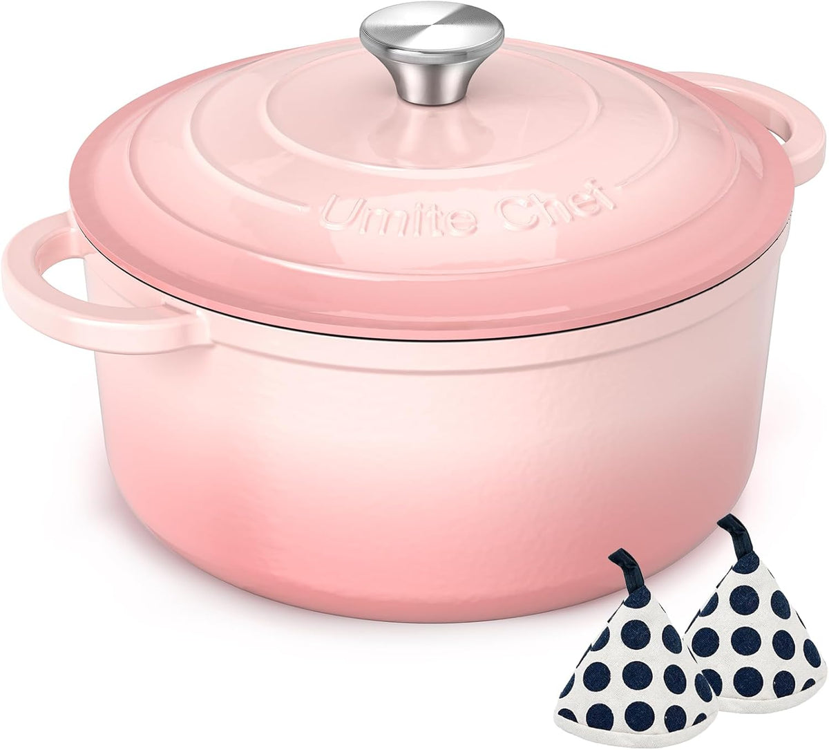 Enameled Cast Iron Dutch Oven-7QT Pot with Lid Cookbook & Cotton, Heavy-Duty Cookware for for Bread Baking, Braising, Stews, Marinate, Cook(Pink)