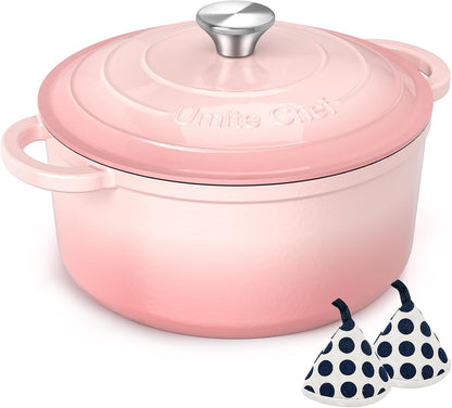 Enameled Cast Iron Dutch Oven-7QT Pot with Lid Cookbook & Cotton, Heavy-Duty Cookware for for Bread Baking, Braising, Stews, Marinate, Cook(Pink)