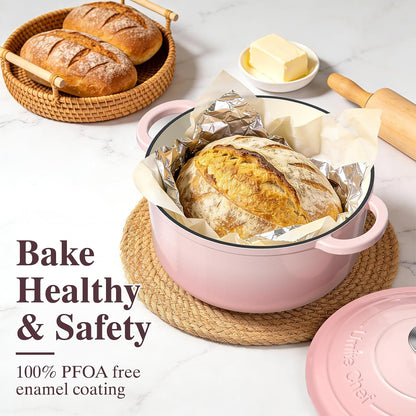 Enameled Cast Iron Dutch Oven-7QT Pot with Lid Cookbook & Cotton, Heavy-Duty Cookware for for Bread Baking, Braising, Stews, Marinate, Cook(Pink)