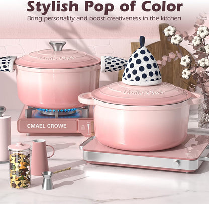 Enameled Cast Iron Dutch Oven-7QT Pot with Lid Cookbook & Cotton, Heavy-Duty Cookware for for Bread Baking, Braising, Stews, Marinate, Cook(Pink)