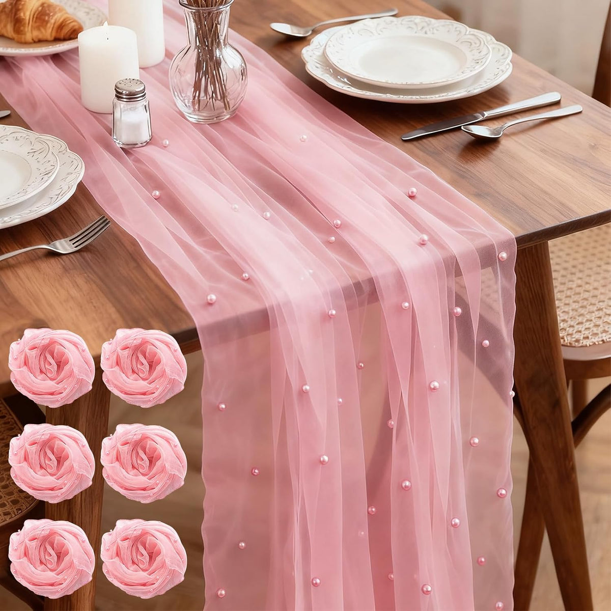 6 Pack Pearl Table Runner, 31x120 Inch Tulle Fabric with Beaded Pearls for Wedding Arch, Birthday Party Decor, Arch Veil Dessert Table Decor, Pink