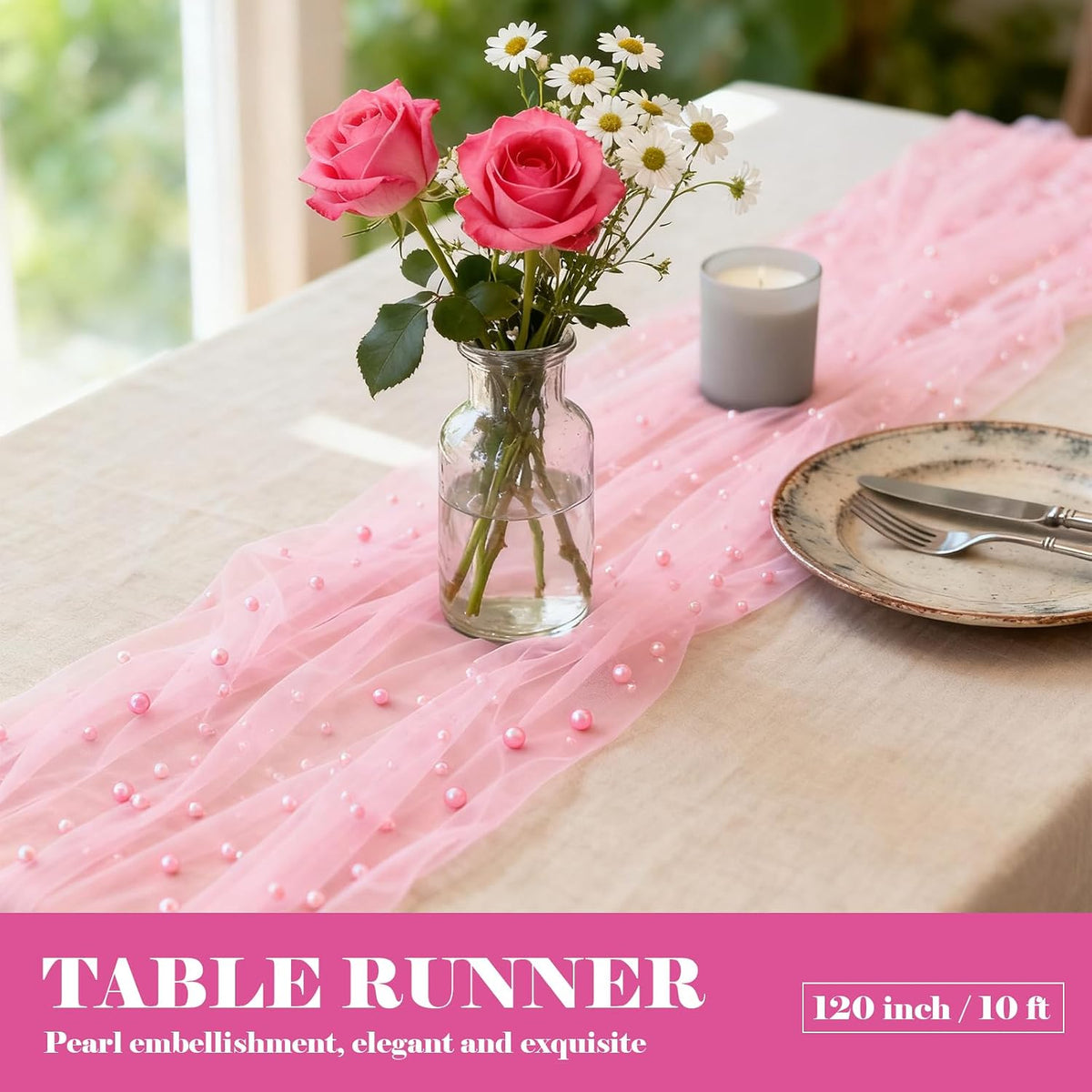 6 Pack Pearl Table Runner, 31x120 Inch Tulle Fabric with Beaded Pearls for Wedding Arch, Birthday Party Decor, Arch Veil Dessert Table Decor, Pink