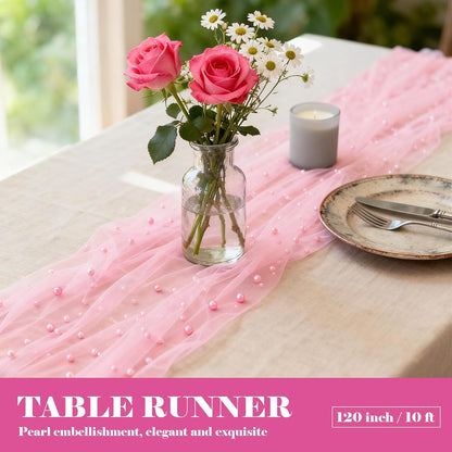 6 Pack Pearl Table Runner, 31x120 Inch Tulle Fabric with Beaded Pearls for Wedding Arch, Birthday Party Decor, Arch Veil Dessert Table Decor, Pink