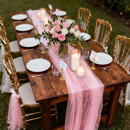 6 Pack Pearl Table Runner, 31x120 Inch Tulle Fabric with Beaded Pearls for Wedding Arch, Birthday Party Decor, Arch Veil Dessert Table Decor, Pink