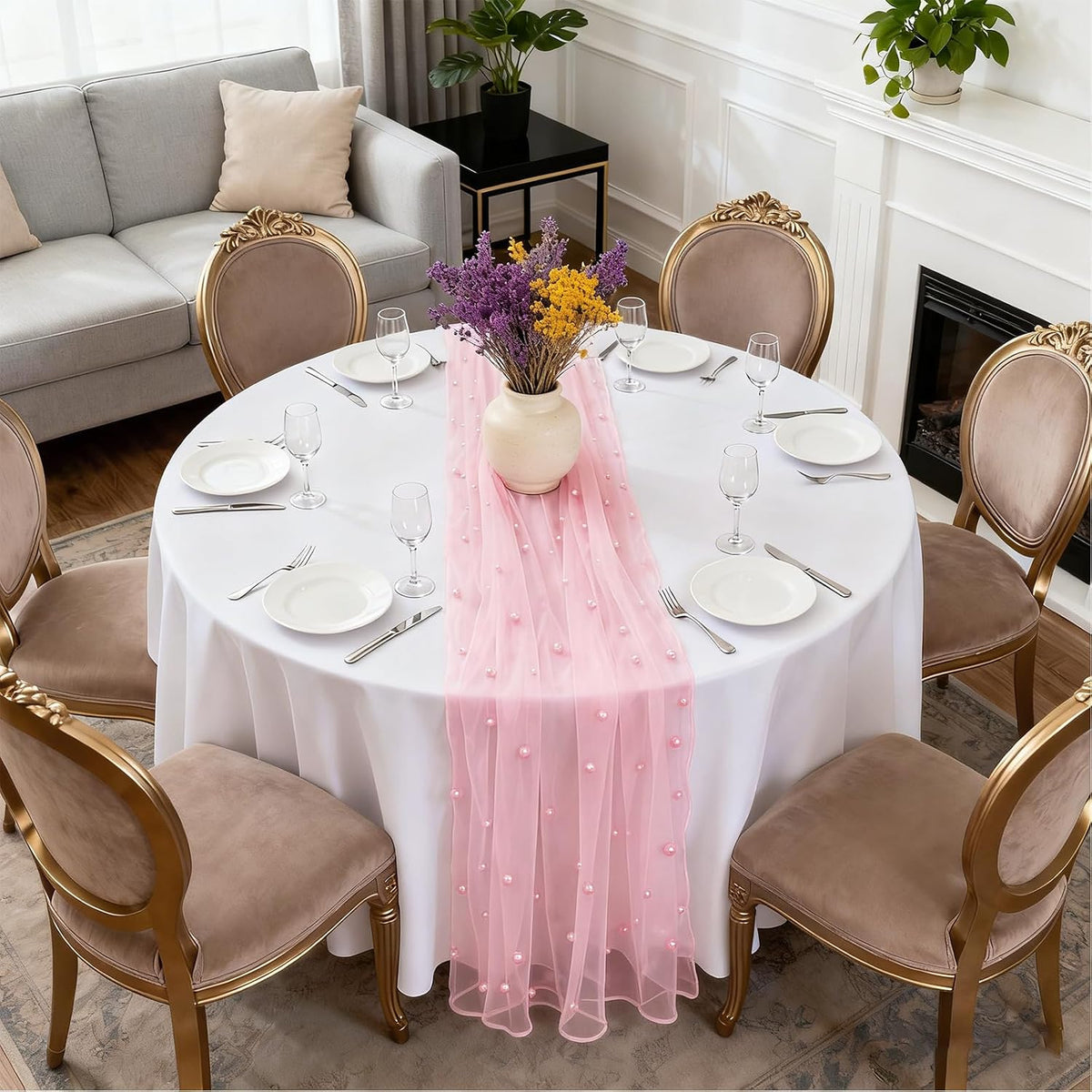 6 Pack Pearl Table Runner, 31x120 Inch Tulle Fabric with Beaded Pearls for Wedding Arch, Birthday Party Decor, Arch Veil Dessert Table Decor, Pink