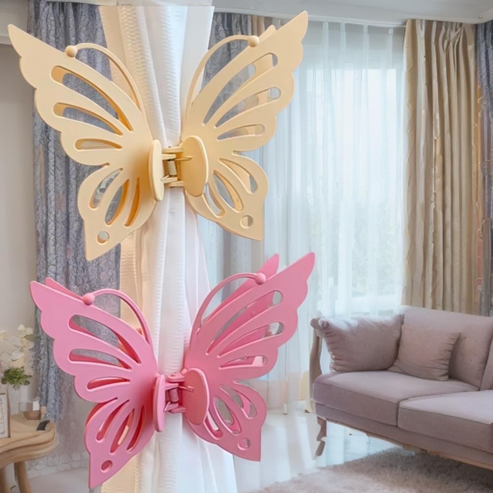 Lovely Pink Butterfly Curtain Tiebacks 2Pcs - Decorative Clips for Curtains, No-Drill Girlie Drapery Holdbacks, Cute Wall-Friendly Tiebacks for Girls Room (Pink)